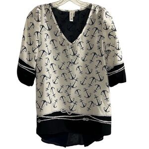 Pink Owl Women's Blue Nautical Anchor Print V-Neck Blouse Size S